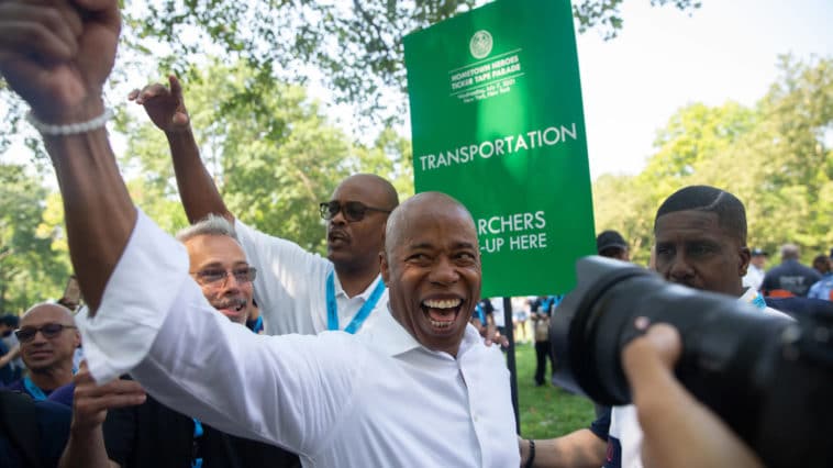 A jubilant Eric Adams greets revelers at the Hometown Heroes Parade in Lower Manhattan, July 7, 2021. | Ben Fractenberg/THE CITY