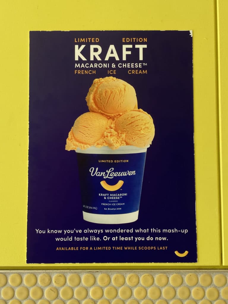 Advertisement for Macaroni and Cheese ice cream in UWS store