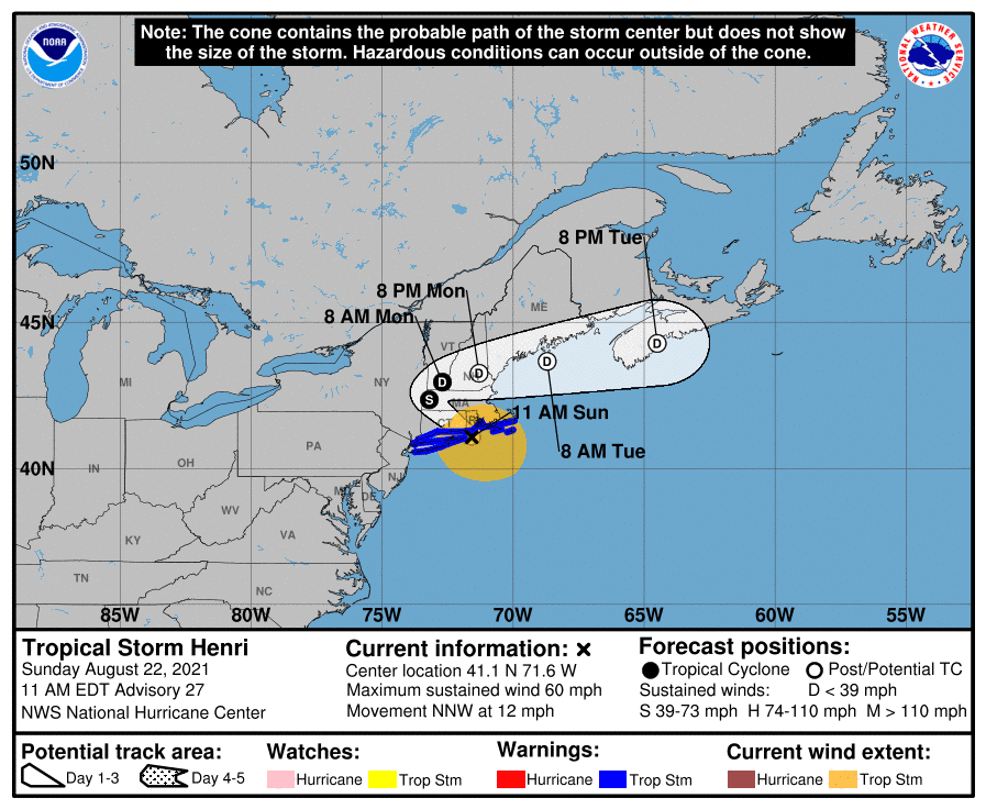 Tropical Storm Henri 2pm Advisory Forecast Cone/National Hurricane Center