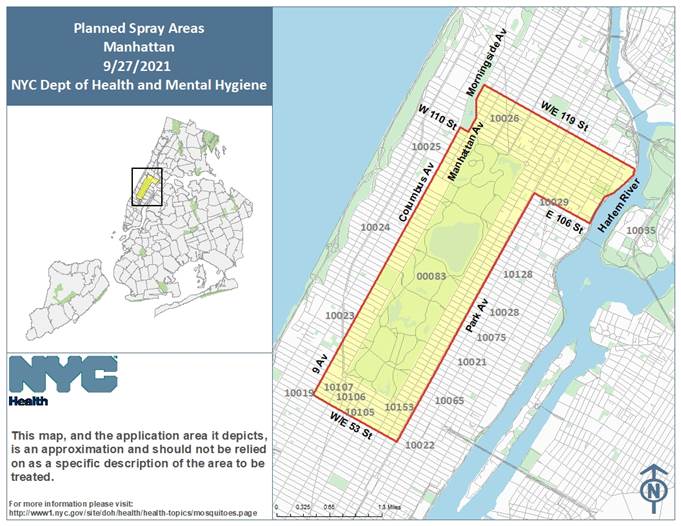 Map showing where pesticide will be sprayed on the UES to reduce West Nile virus risk/NYC Dept. of Health