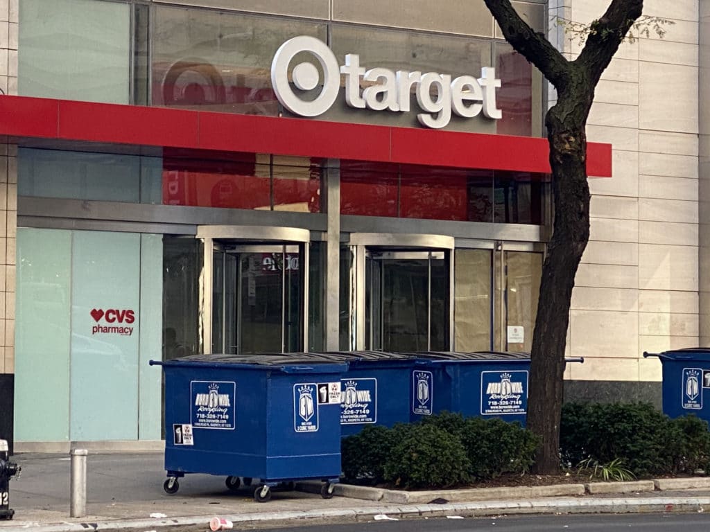 Demolition dumpsters sit outside East 86th Street Target store before opening/Upper East Site