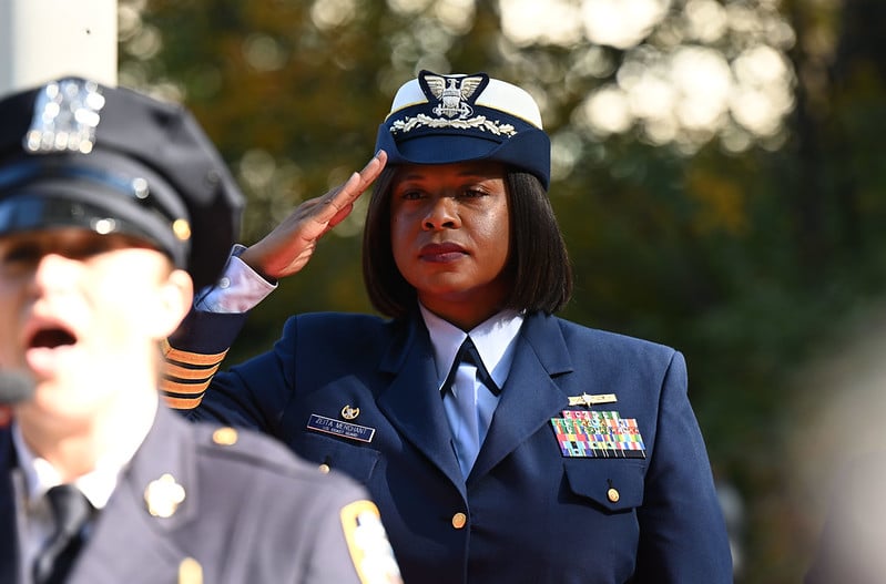 Zeita Merchant of the U.S. Coast Guard salutes Governor Kathy Hochul at a ceremony today in Central Park/Kevin P. Coughlin, Office of the Governor
