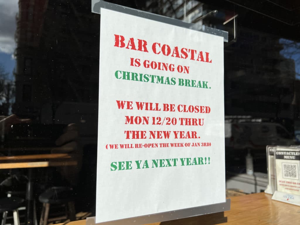Bar Coastal temporarily closed through the new year/Upper East Site