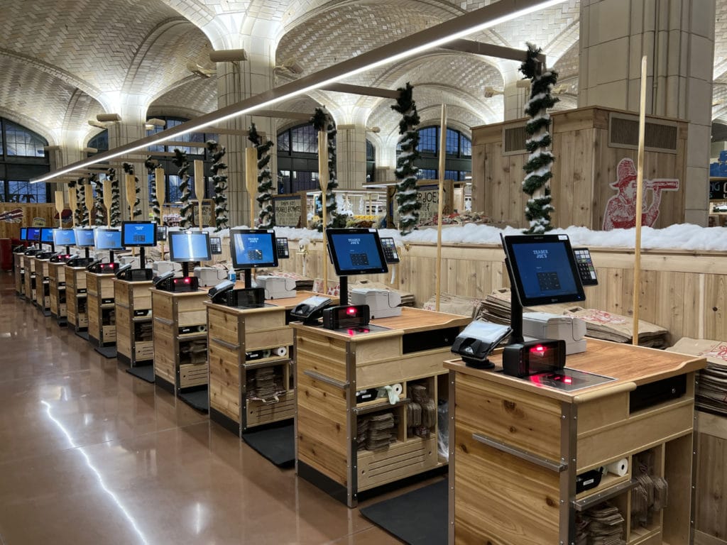 There are 25 stations in Trader Joe's checkout area/Upper East Site