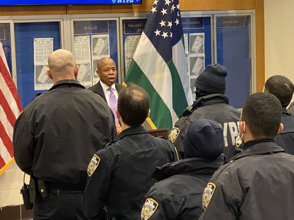 Mayor Adams speaks to officers during roll call at the NYPD's 19th Precinct/NYPD 19th Precinct via Twitter