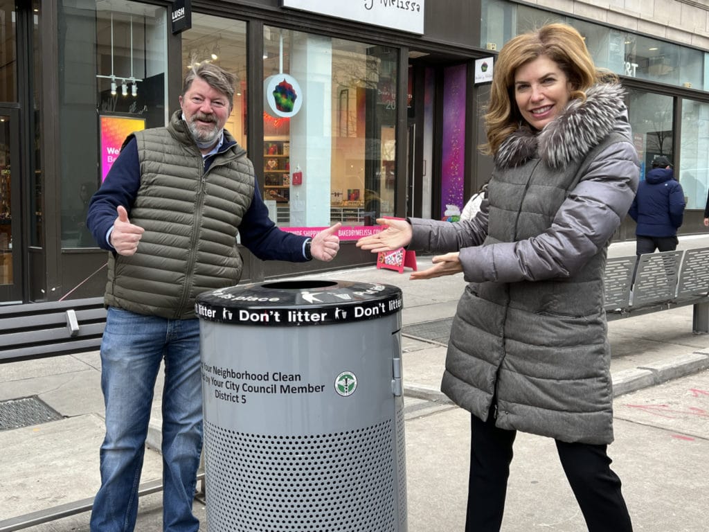 Andrew Fine of the East 86th Street Association and Council Member Julie Menin announce extra trash cans placed on busy corridor/Upper East Site