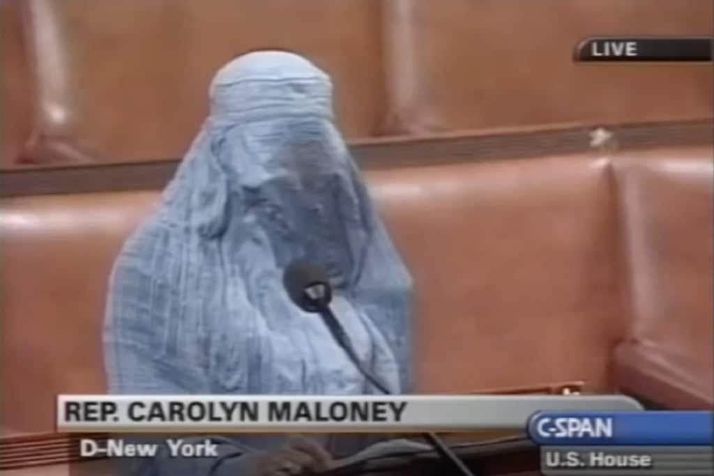 Rep. Carolyn Maloney addresses the House of Representatives in a burqa in 2001