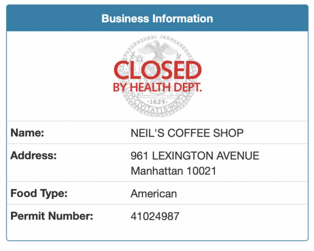Upper East Side diner Neil's Coffee Shop closed by the Department of Health