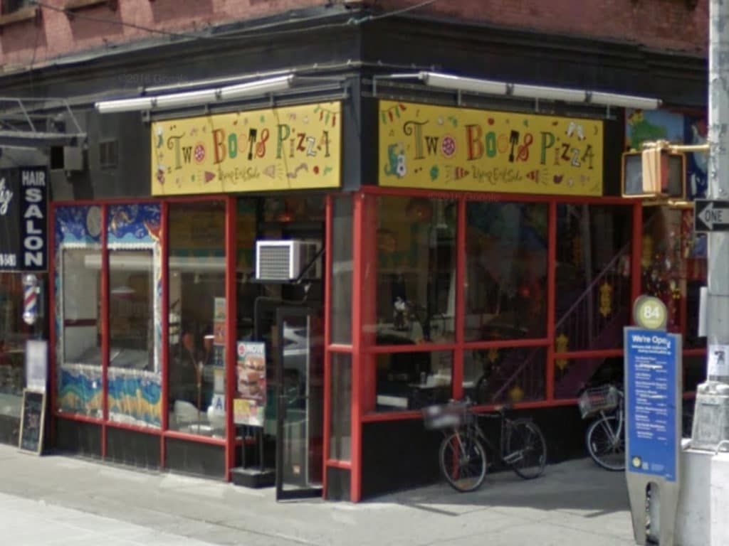 Two Boots' original pizza location at Second Avenue and East 85th Street closed in 2018/Google