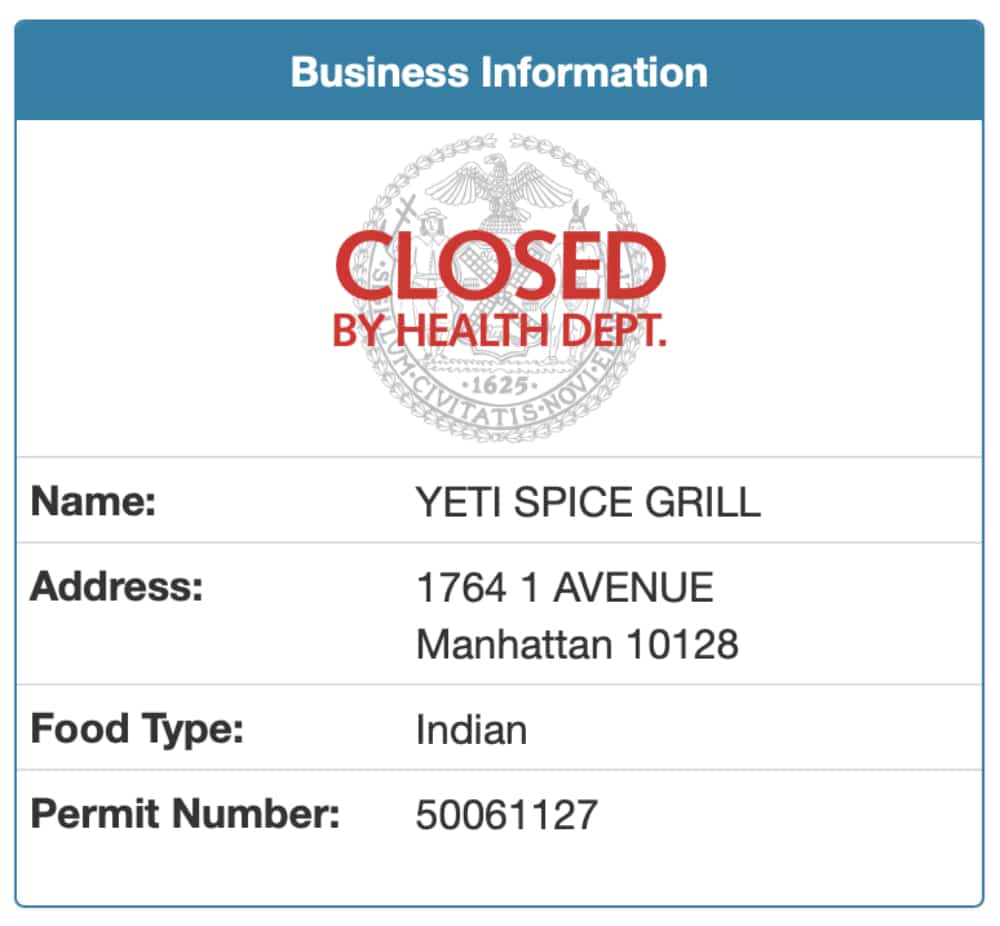 Yeti Spice Grill was closed by the NYC Health Department