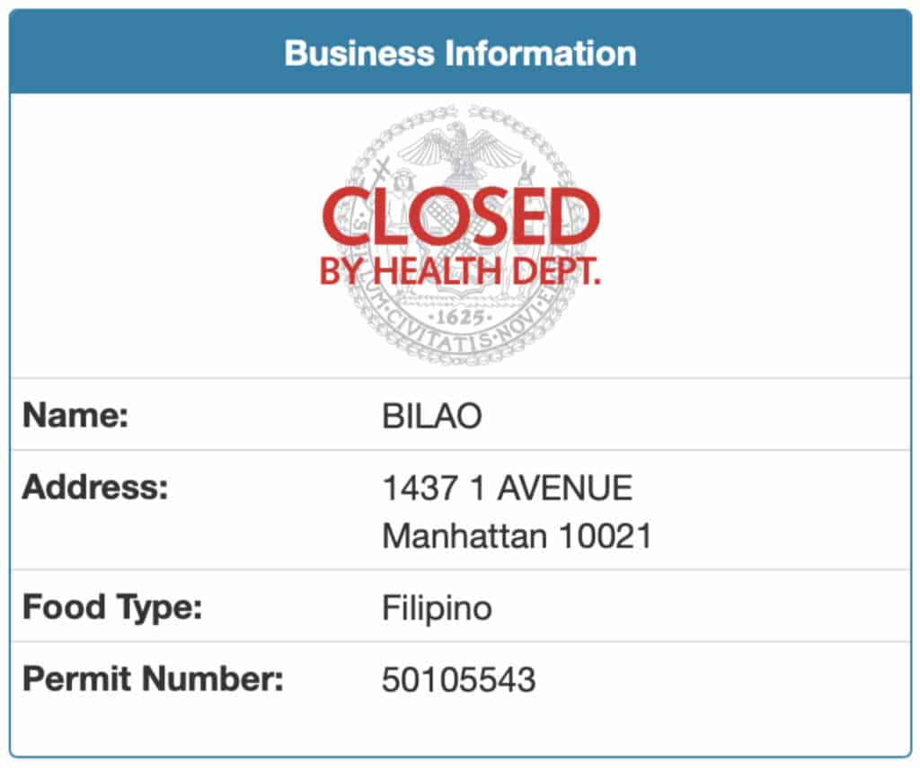Upper East Side Filipino restaurant Bilao closed by the NYC Health Department
