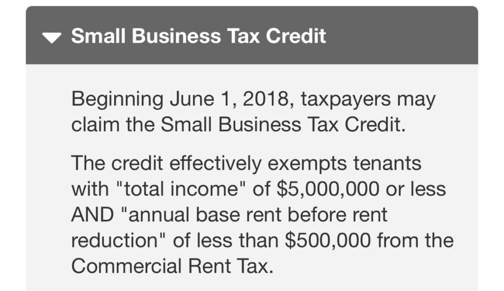 Businesses with under $5  million in revenue and under $500k in rent are already except from the Commercial Rent Tax