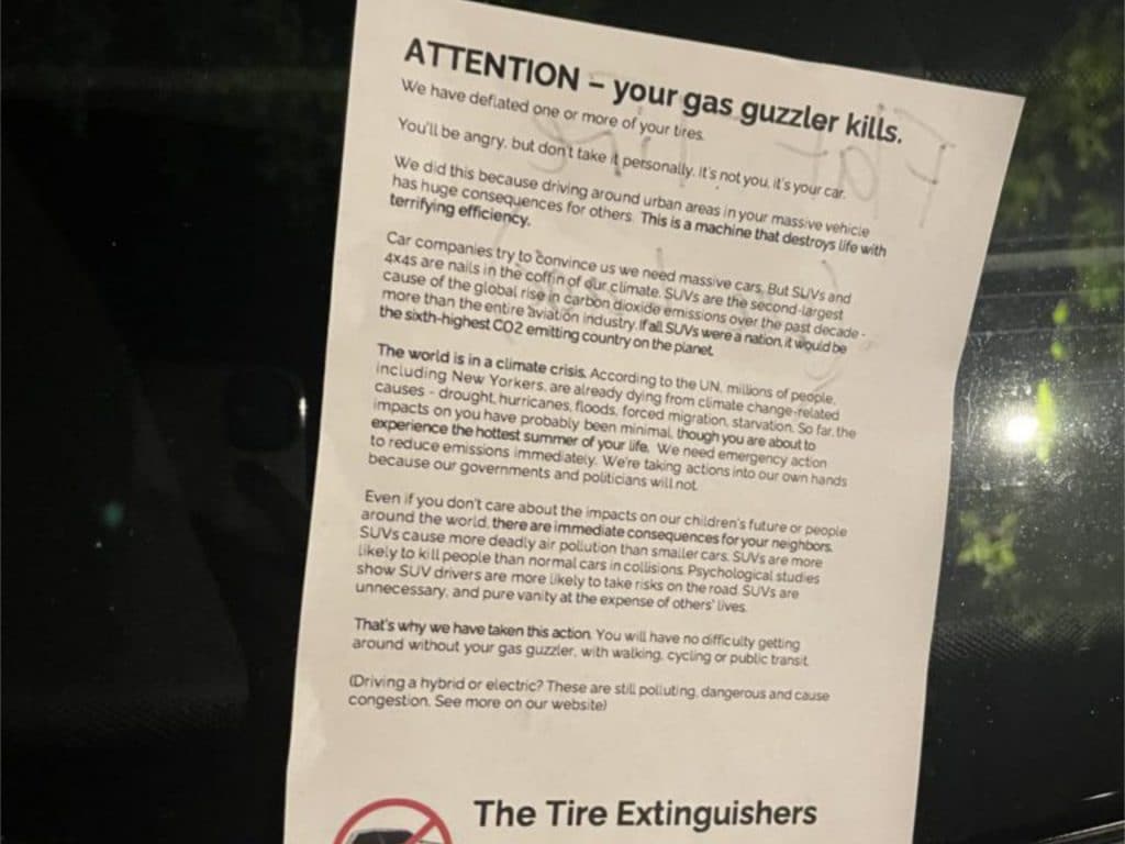 Climate change activists say they deflated tires on 40 SUVs parked on the UES | The Tyre Extinguishers