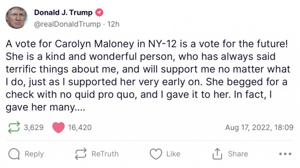 Former President Trump trolls Congresswoman Carolyn Maloney in a social media post | Truth Social
