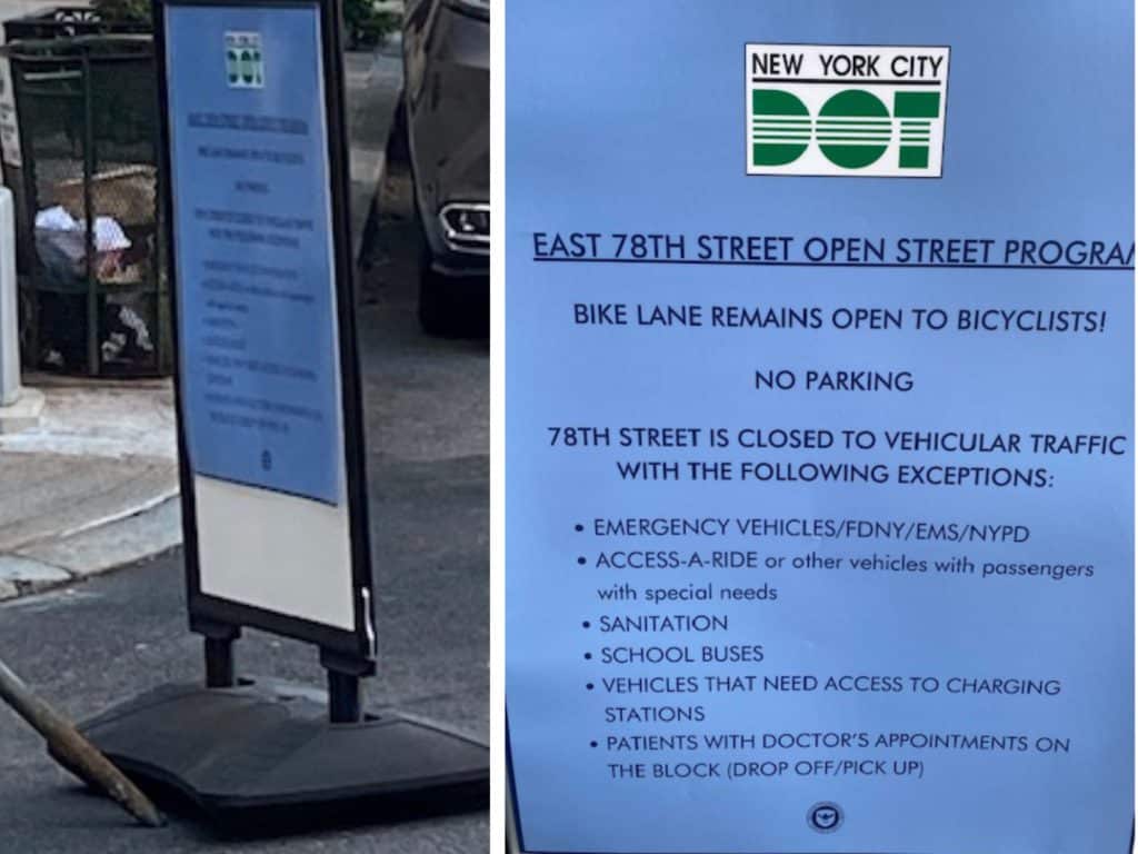 A new sign by the Allen-Stevenson School lists who is allowed inside during the street closure