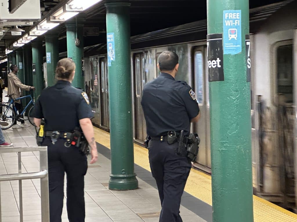 Police were seen patrolling the 77th Street-Lexington Avenue Subway station on Thursday 