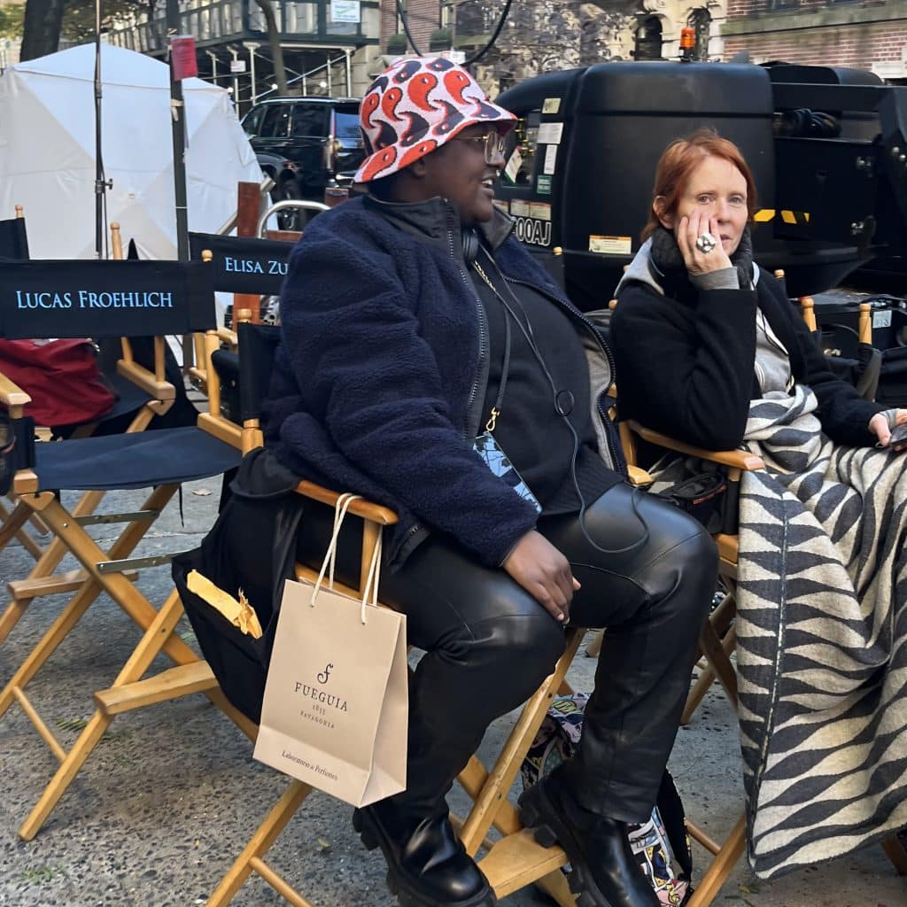 Cynthia Nixon (right) on set to shoot scenes for 'And Just Like That' in November 2022