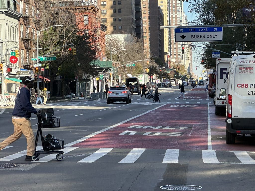 The new First Avenue bus lane is shifted away from the curb | Upper East Site