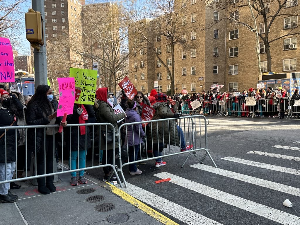 Hundreds of nurses formed a picket line on both sides of Madison Avenue outside Mount Sinai Hospital | Upper East Site