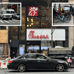 Delivery workers continue to block the sidewalks and the street making pickups from Chick-Fil-A