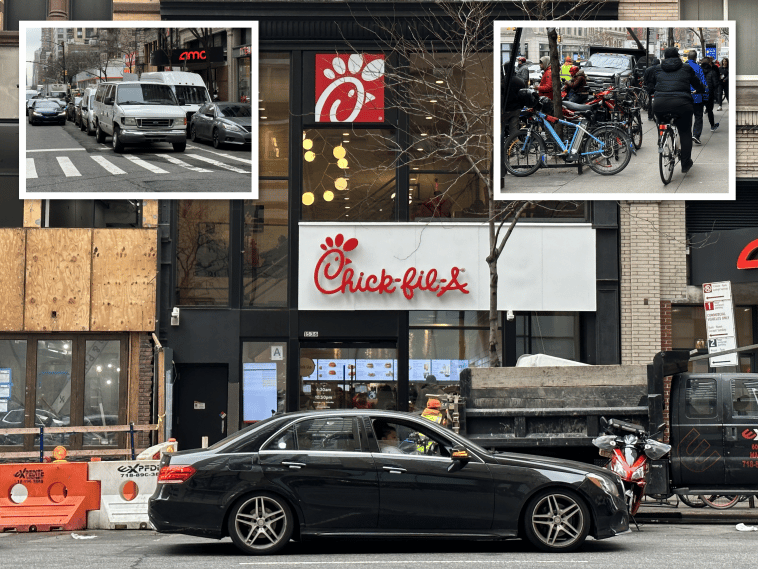 Delivery workers continue to block the sidewalks and the street making pickups from Chick-Fil-A