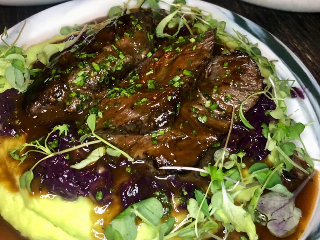 Sauerbraten Rhineland Style served with green mashed potatoes 
