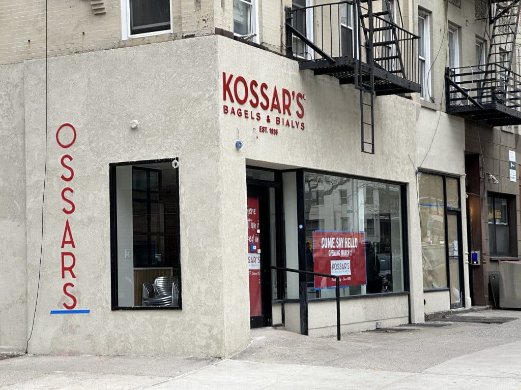 The letter 'K' is missing from the Kossar's sign on the side of the new UES restaurant | Upper East Site
