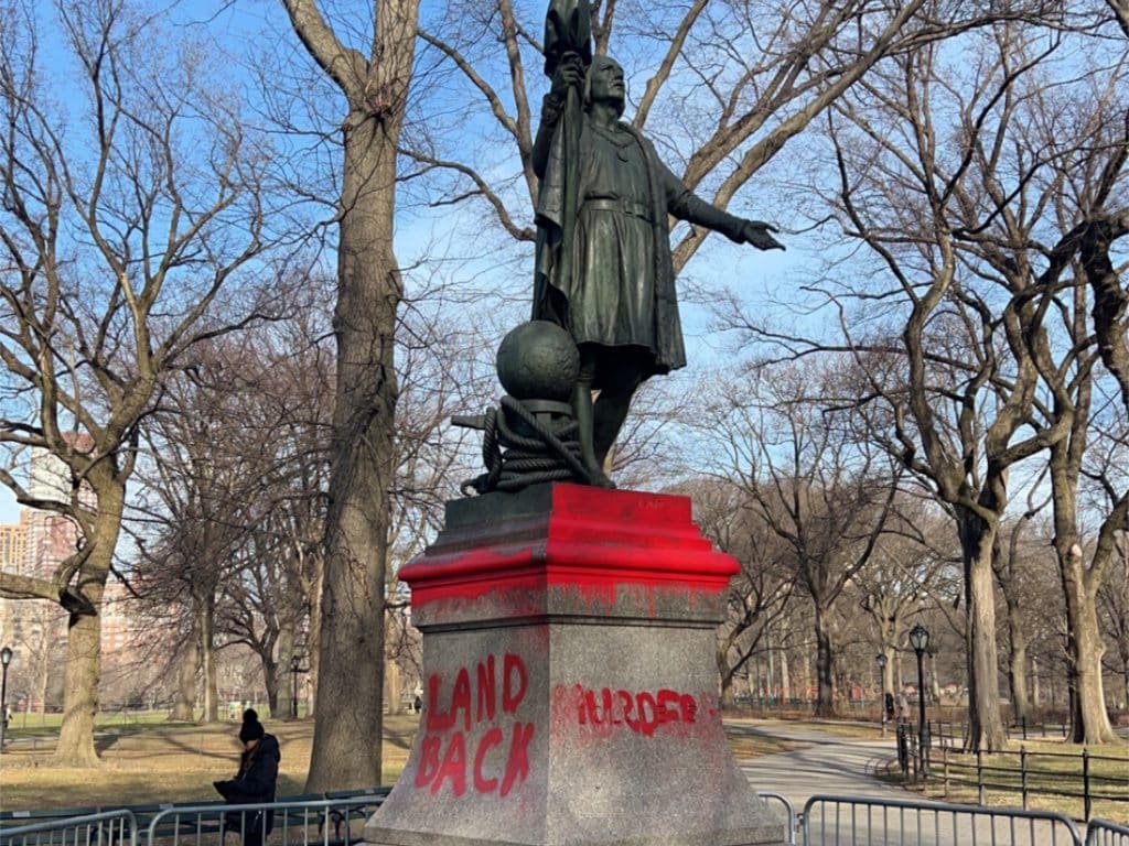 Police say vandals spray-painted word ‘Murderer’ in blood red on the base of the Christopher Columbus statue in Central Park
