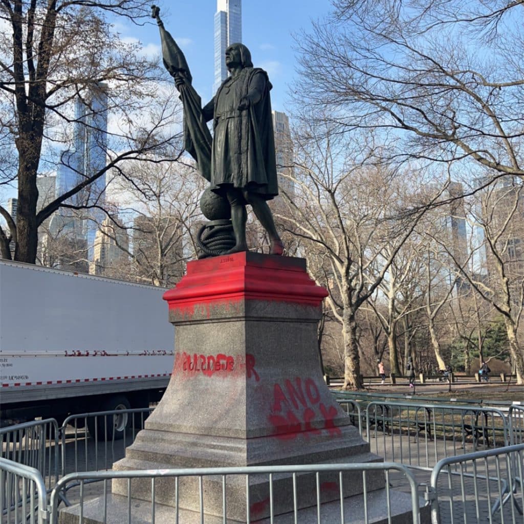 'Murderer' and 'Land Back' were spray-painted on the Columbus statue