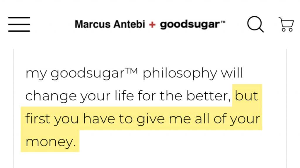 Quote on goodsugar's website says 'but first you have to give me all of your money' | Highlighted by Upper East Site