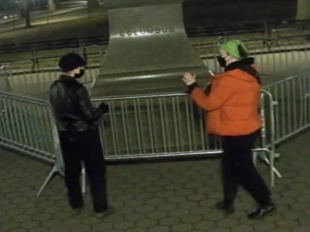 The vandalism suspects are seen wearing black KN-95 style masks | NYPD