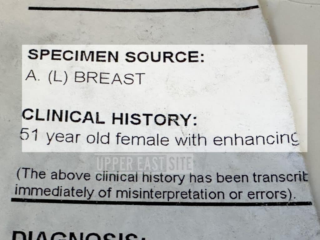 A pathology report from Mount Sinai shows tissue from a woman's left breast was tested (highlighted) | Upper East Site