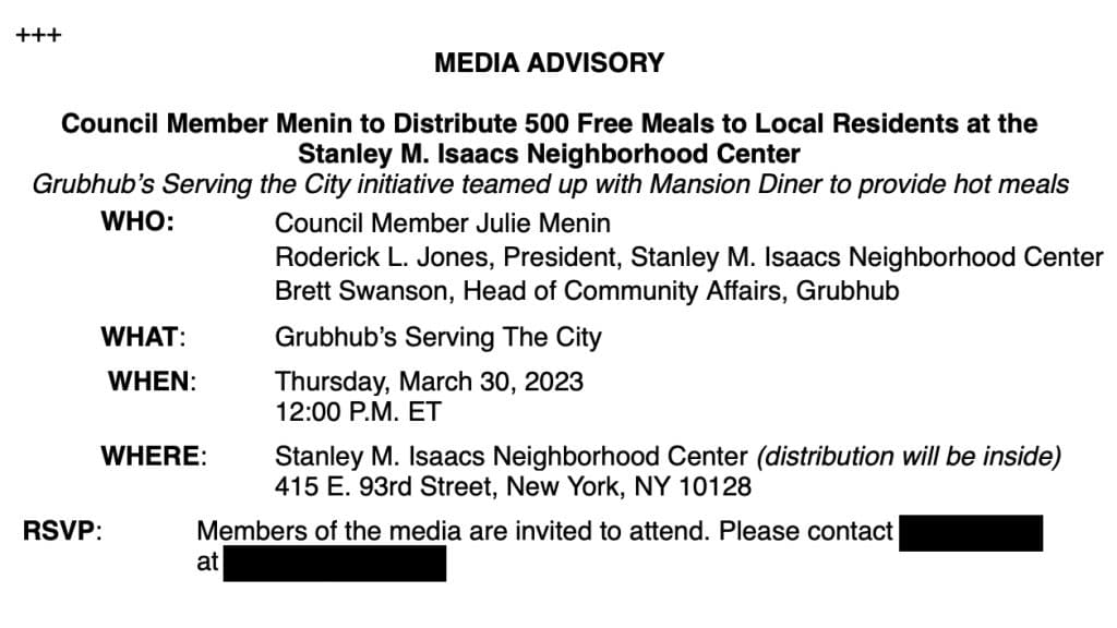 Grubhub's media advisory incorrectly claimed Council Member Menin would be leading the UES event