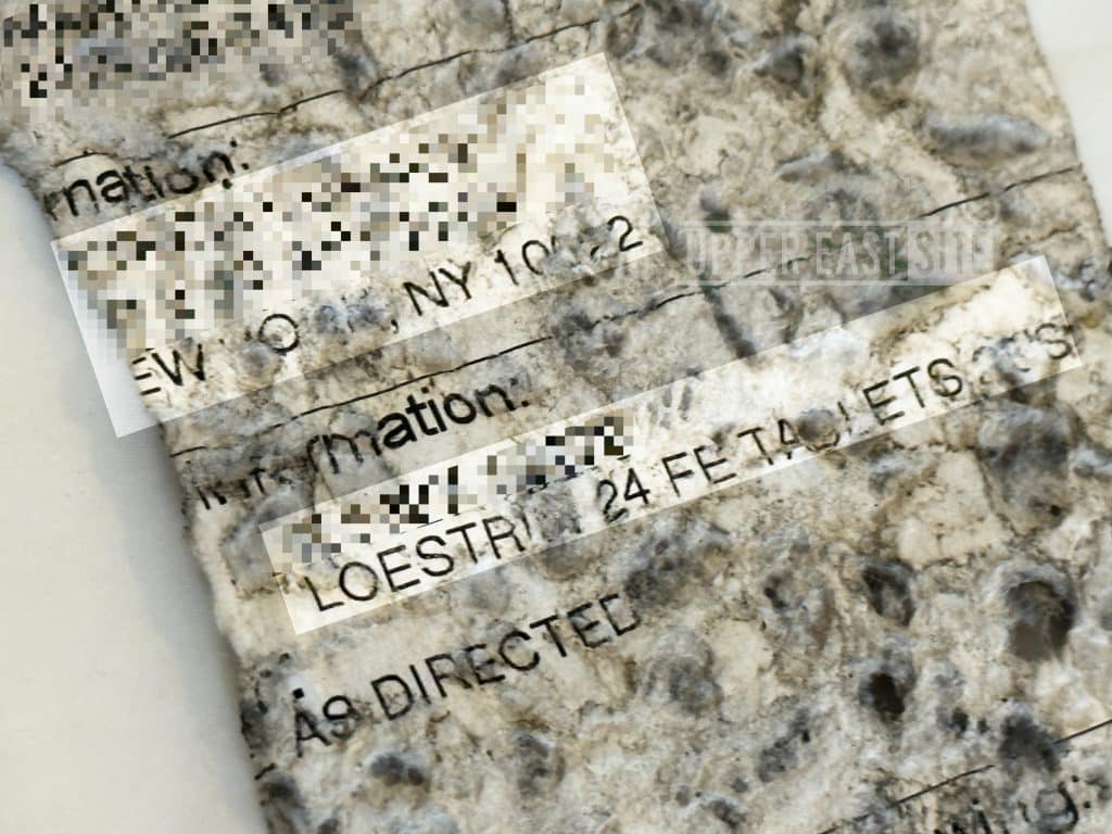A patient's Walgreens prescription for Loestrin tablets, featuring their name and address, was among documents found (blurred and highlighted) | Upper East Site