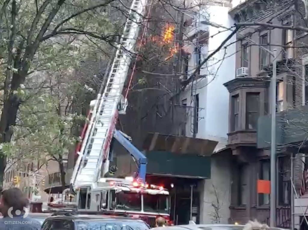 The two-alarm fire erupted on scaffolding outside the UES building, which was undergoing renovation | Citizen app