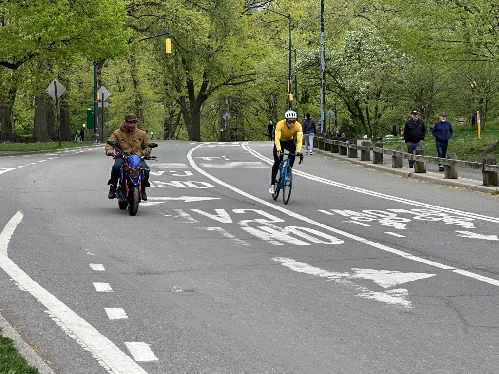 A man was seen riding a motorcycle (left) on East Drive in Central Park on Tuesday | Upper East Site 