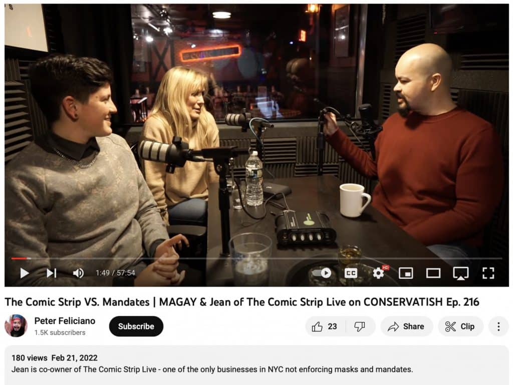 Shortly after suing Upper East Site, The Comic Strip's owner Jean Tienken (center) admitted to misleading Health Department inspectors on a podcast filmed at the venue | Conservatish/YouTube