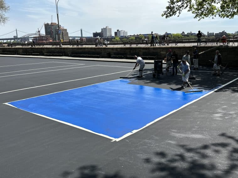 NYC Parks crews began installing three new pickleball courts at Carl Schurz Park on Tuesday | Upper East Site