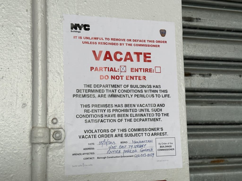 The vacate order for the parking garage warns the conditions are 'imminently perilous' | Upper East Site