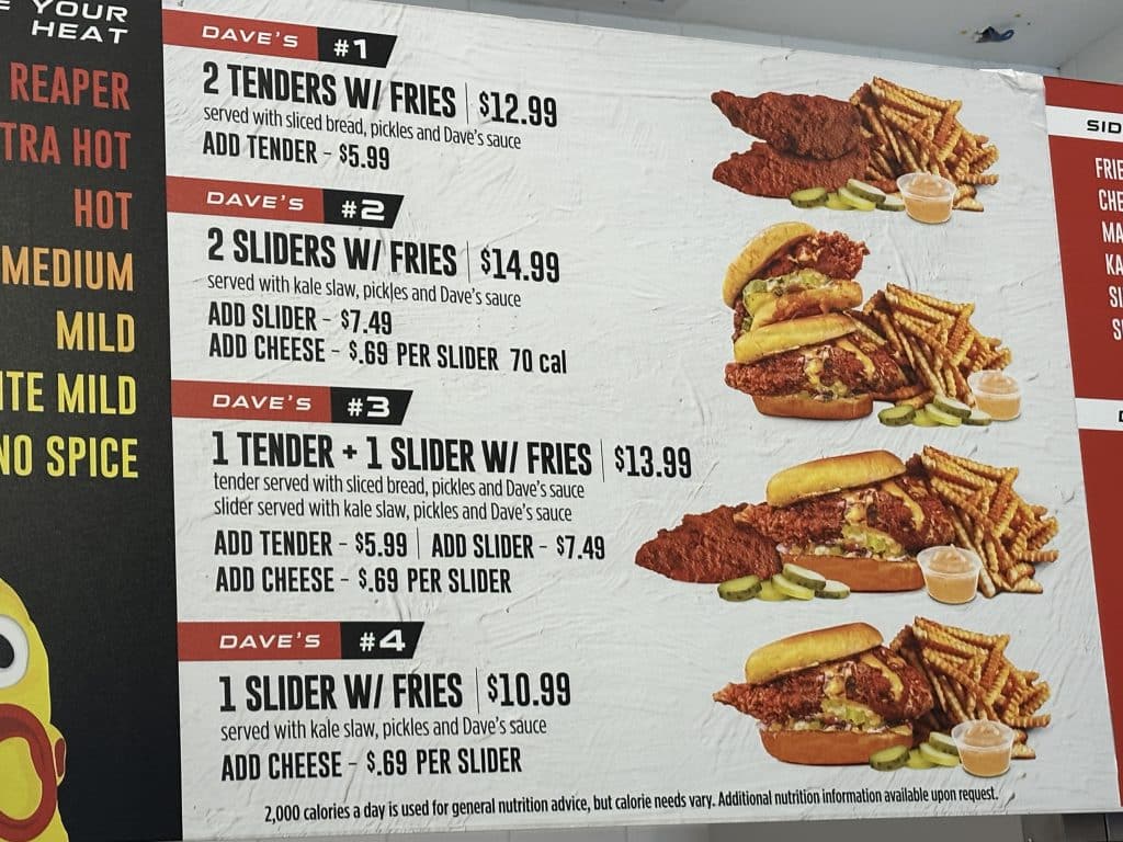 The menu at Dave's Hot Chicken focuses on tenders and sliders | Upper East Site