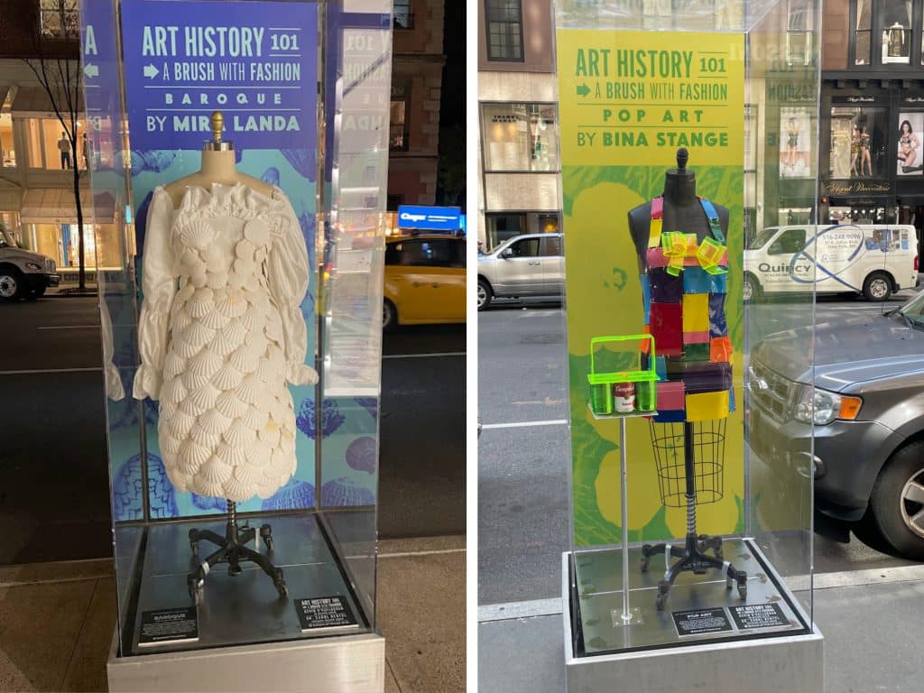 Each dress is presented in an eight-foot Lucite case and includes a description of the art period featured | Madison Avenue Business Improvement District