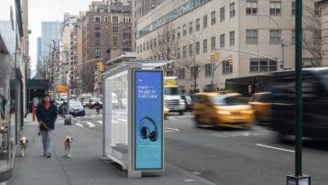 Rendering shows proposed bus shelter rejected by Community Board 8's Transportation Committee | NYC DOT & JCDecaux
