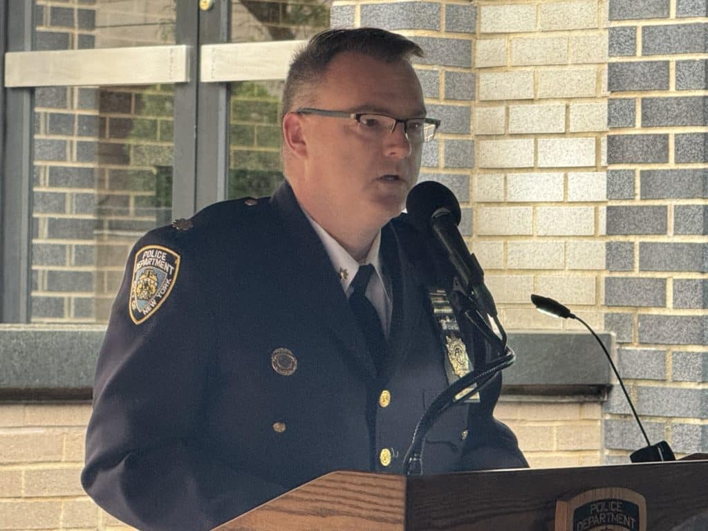 Deputy Inspector William Gallagher, commanding officer of the NYPD's 19th Precinct, reminded the crowd of Patrolman McAuliffe's sacrifice  | Upper East Site