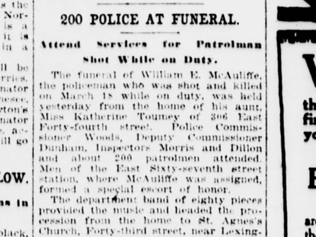 Patrolman William McAuliffe's March 22, 1916, funeral was attended by 200 police officers | The New York Sun