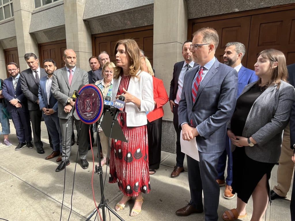 Council Member Menin speaks about fighting antisemitism outside an Upper East Side synagogue vandalized with antisemitic graffiti | Council Member Julie Menin's Office