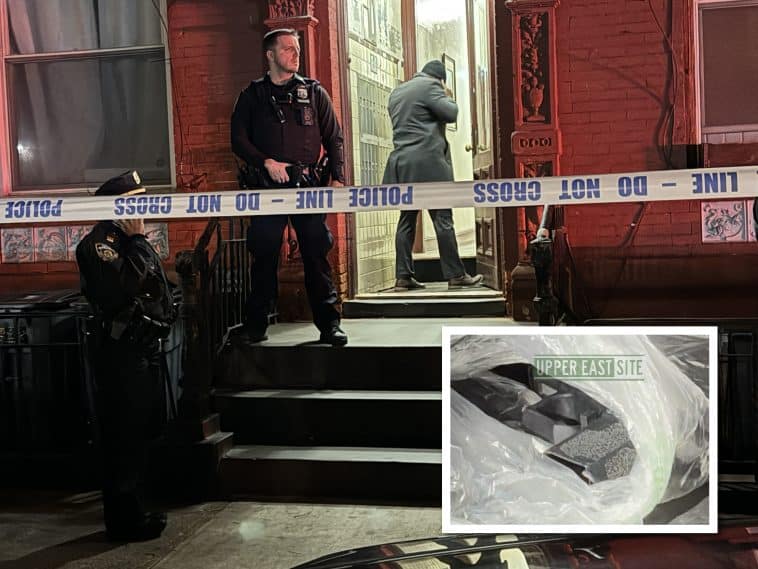 Composite shows the front of a red brick apartment building drowned in the color red from a police car’s emergency lights. On the sidewalk in front is an officer on a cell phone whose face is obscured by police enveloping the crime scene. Another officer stands guard at the top of the building’s stoop as a detective in a grey topcoat enters the building. Inset photo shows the hand grip and trigger guard of a black semi-automatic pistol peeking out of a clear plastic bag.