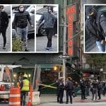 Composite shows four robbery suspects in dark colored jackets, two with ski masks, two with surgical masks, over an image of the crime scene in front of JG melon where the robbery and shooting occurred