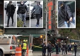 Composite shows four robbery suspects in dark colored jackets, two with ski masks, two with surgical masks, over an image of the crime scene in front of JG melon where the robbery and shooting occurred