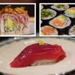 Composite shows three photos, the main photo shows a white plate with a piece of lean bluefin tuna over a ball of rice with white truffle oil. Inset photos include the Sam roll made with Cucumber Avocado, Pepper Crusted Tuna and Mango Salsa. The second inset photo shows several sushi rolls, in the center is a Salmon and Avocado roll.
