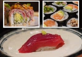 Composite shows three photos, the main photo shows a white plate with a piece of lean bluefin tuna over a ball of rice with white truffle oil. Inset photos include the Sam roll made with Cucumber Avocado, Pepper Crusted Tuna and Mango Salsa. The second inset photo shows several sushi rolls, in the center is a Salmon and Avocado roll.